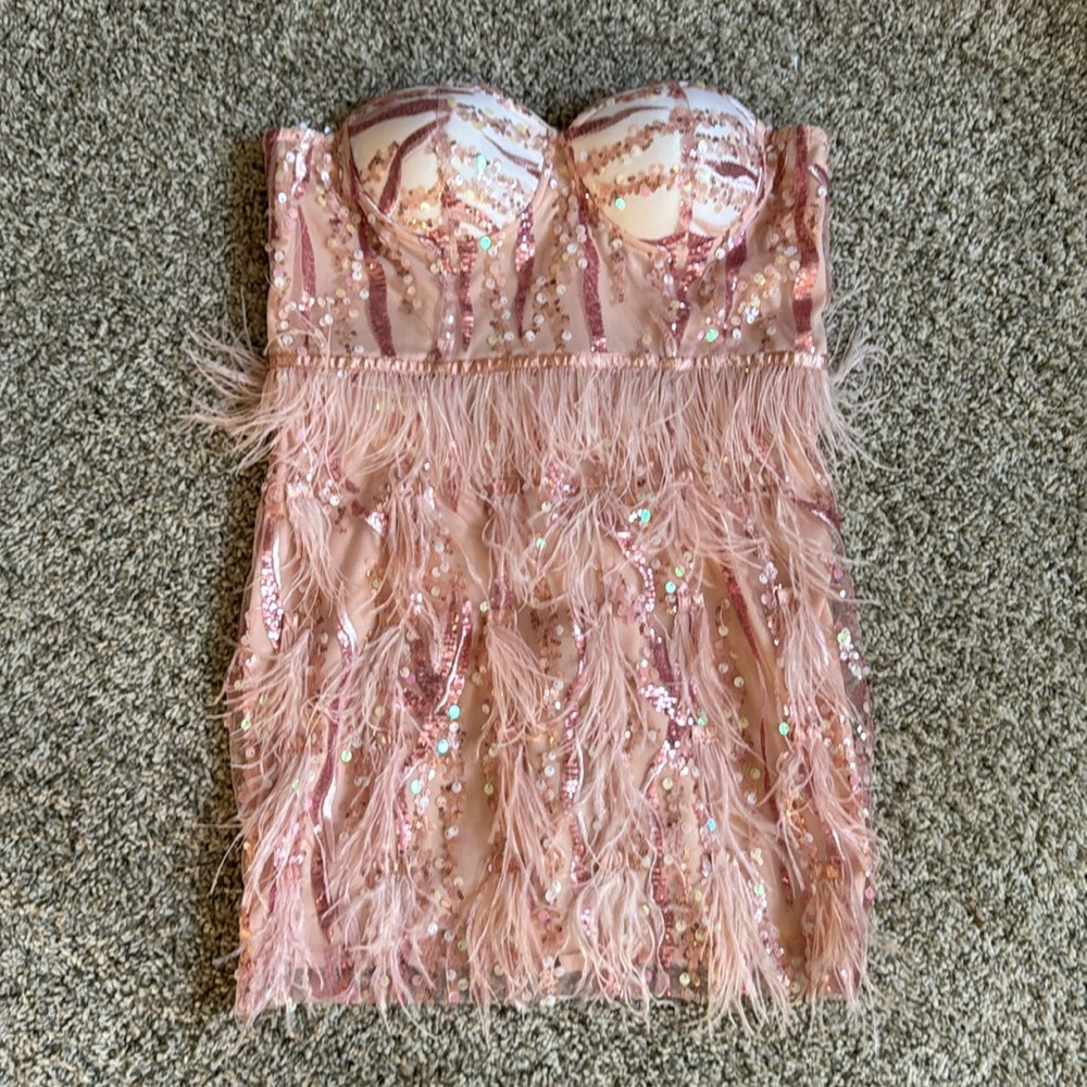 Super fun pink mini dress with sequin and feather details!